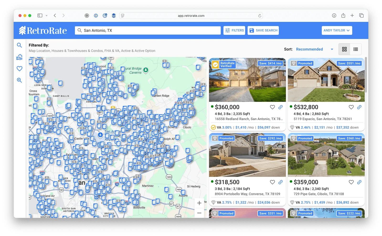 RetroRate Map interface in San Antonio — 8% of on market listings have an assumable loan.