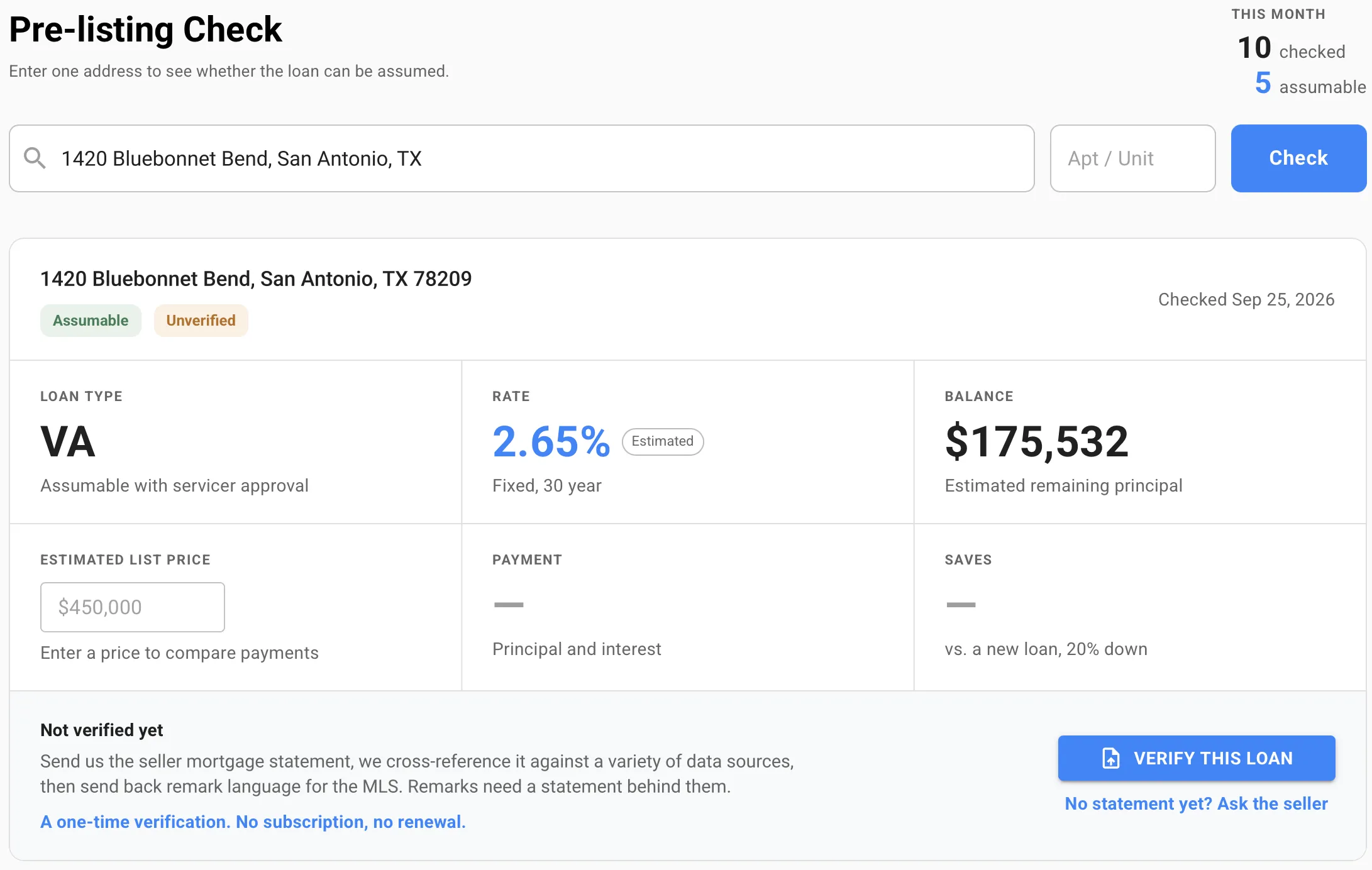 RetroRate's pre-listing check on an address that isn't on the market yet, showing an assumable VA loan estimated at 2.65% fixed with $175,532 left, marked unverified, beside a button to verify the loan