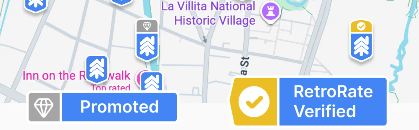 Promoted and RetroRate Verified listing badges.