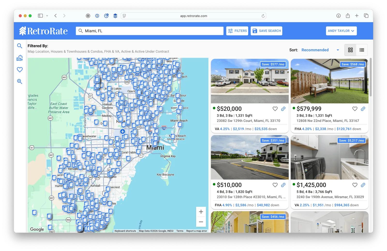 Map of the Miami Area showing assumable listing pushpins on RetroRate.