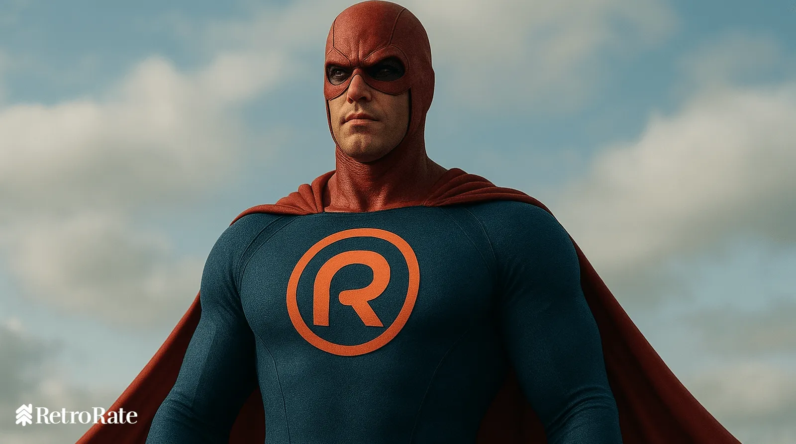 A superhero in a cape and mask, an orange R on his chest, standing against a cloudy sky.
