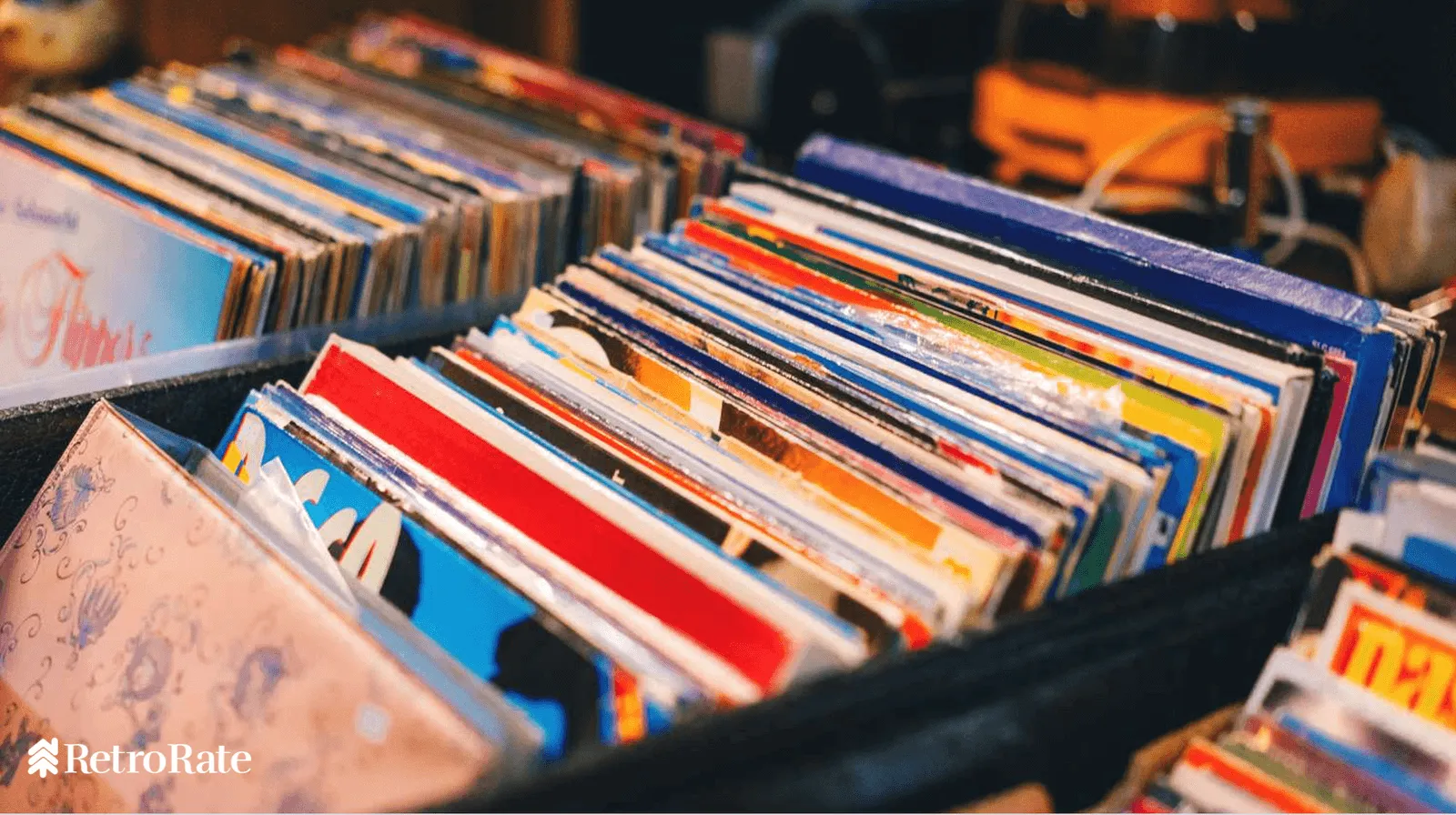 Vinyl records in a crate.