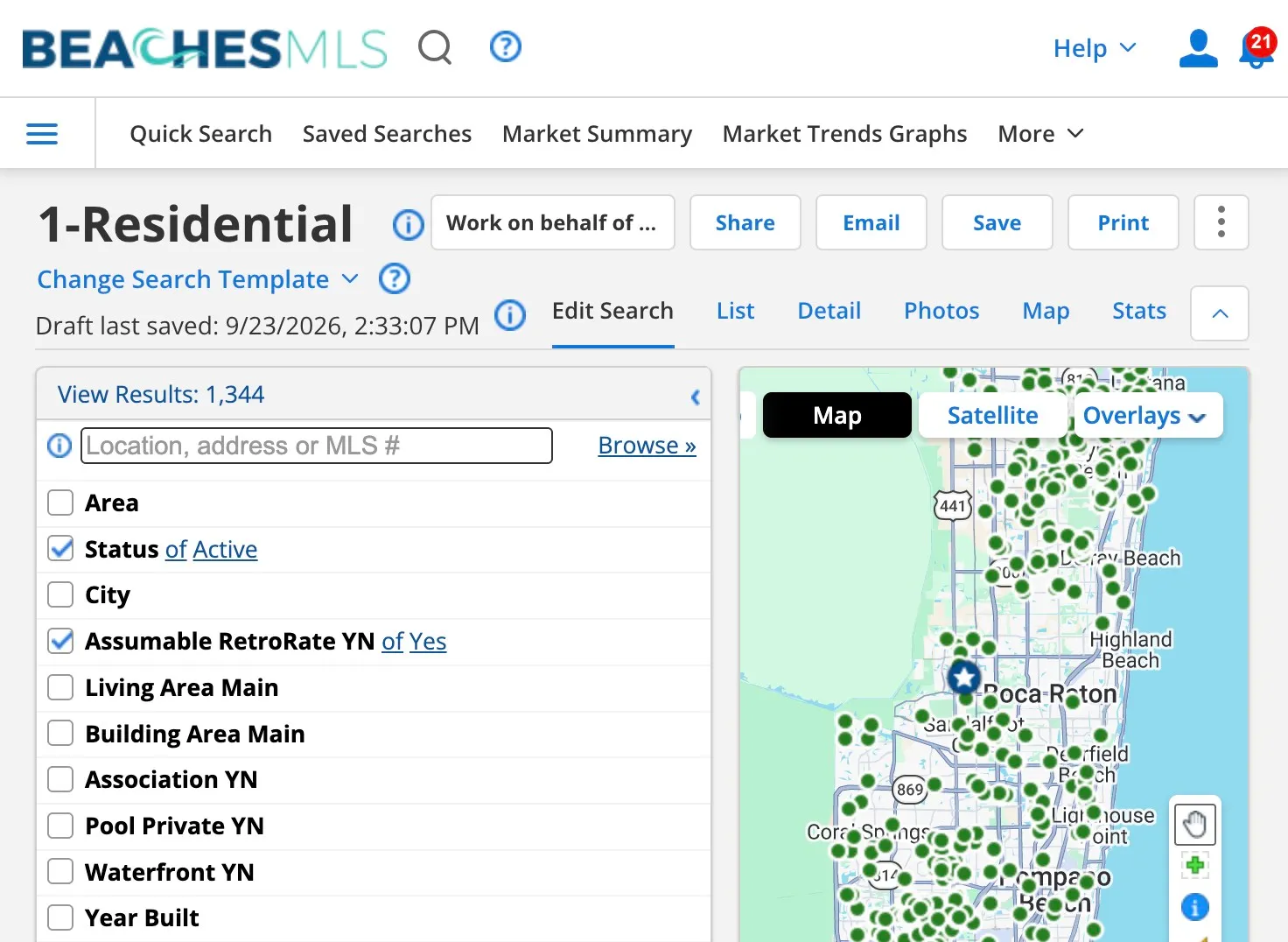 A Flexmls residential search in BeachesMLS with the Assumable RetroRate field checked to Yes, returning 1,344 active listings mapped across South Florida