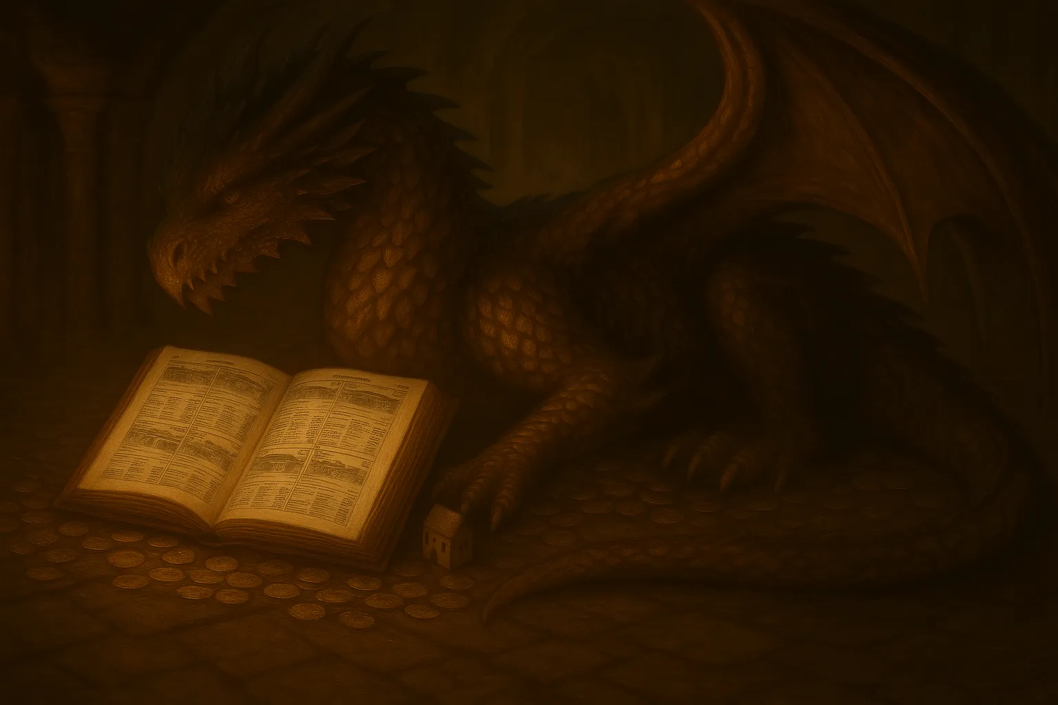 A dragon curled around a glowing open book in the dark.