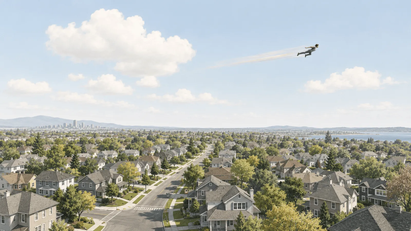 An aerial view of a suburban neighborhood of single-family homes, with a small plane flying overhead.