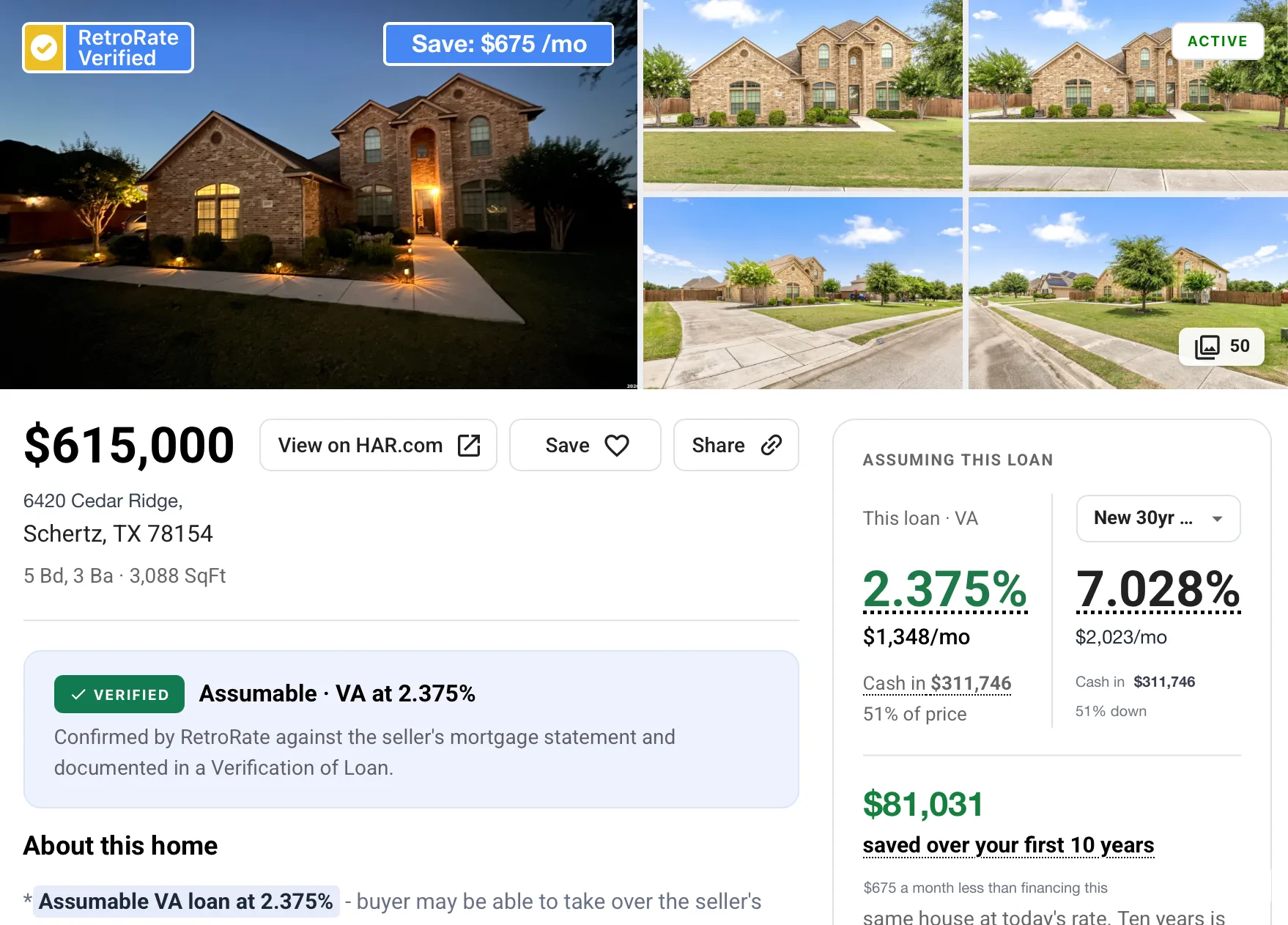 A RetroRate listing for a $615,000 home carrying a verified assumable VA loan at 2.375%, showing $675 a month less than a new loan at 7.028% at the same cash to close, and $81,031 saved over ten years