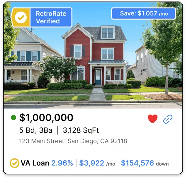 Listing card with the RetroRate Verified badge, showing the home's assumable VA loan rate, monthly payment, and down payment