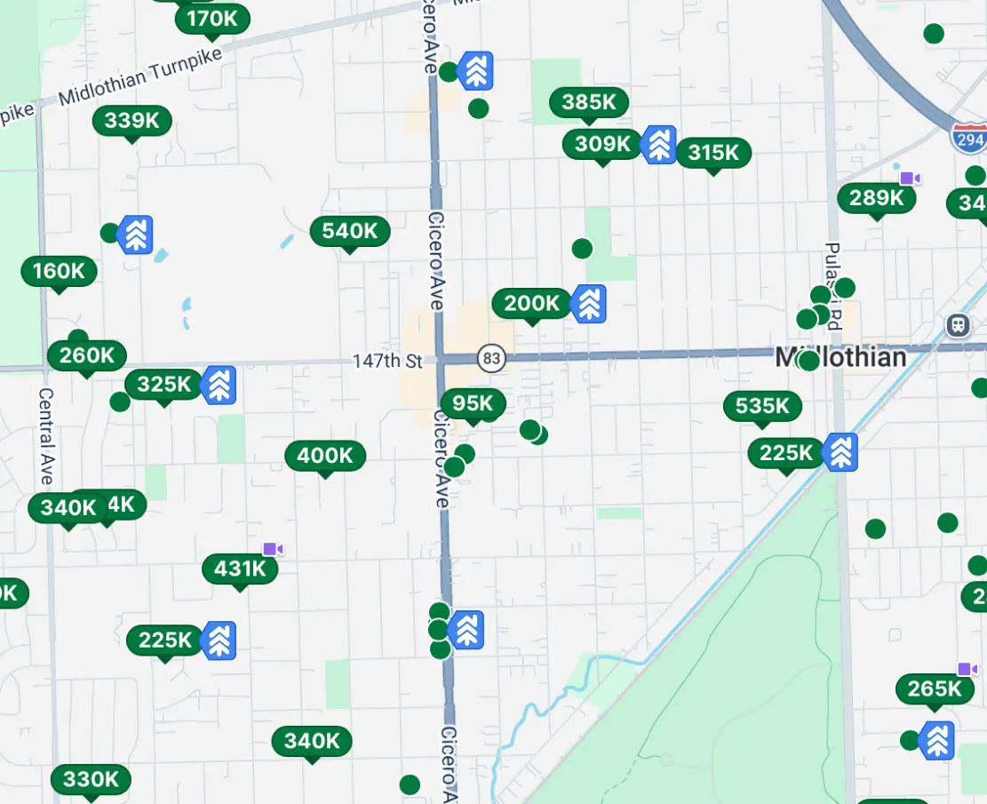 Map of homes for sale with RetroRate pushpins marking the listings that come with an assumable loan